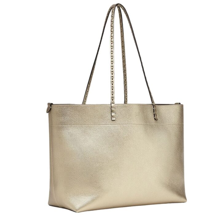 FENDI ROLL MEDIUM CHAMPAGNE-COLORED SELLERIA SHOPPER WITH 218 HAND-SEWN TOPSTITCHES