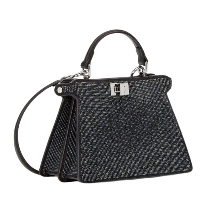 FENDI PEEKABOO ISEEU PETITE BLACK SUEDE BAG WITH FF IN CRYSTALS AND STUDS
