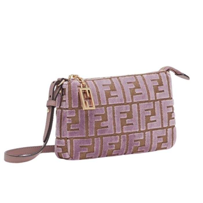 FENDI BAGUETTE POUCH MAUVE PINK JACQUARD FF VELVET POUCH WITH CHAIN