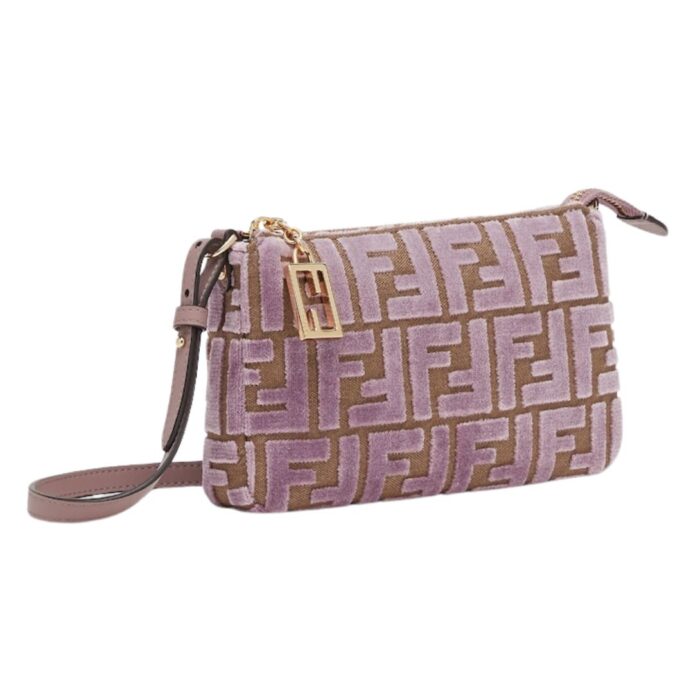 FENDI BAGUETTE POUCH MAUVE PINK JACQUARD FF VELVET POUCH WITH CHAIN