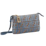 FENDI BAGUETTE POUCH LIGHT BLUE JACQUARD FF VELVET POUCH WITH CHAIN