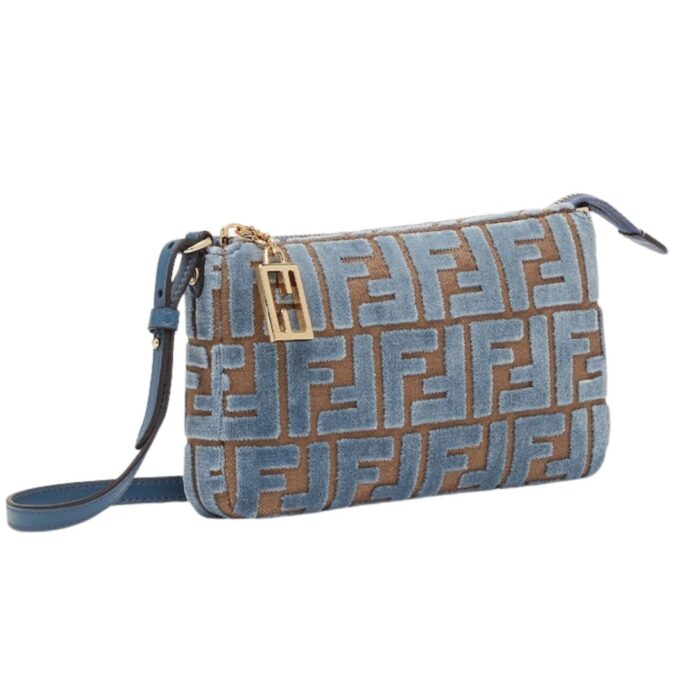 FENDI BAGUETTE POUCH LIGHT BLUE JACQUARD FF VELVET POUCH WITH CHAIN