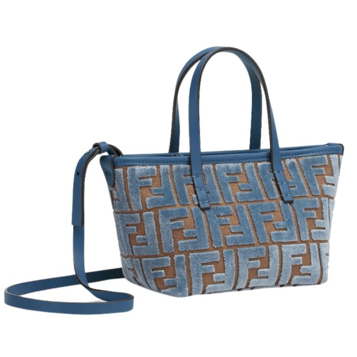 FENDI ROLL MINI LIGHT BLUE FF JACQUARD VELVET MINI BAG