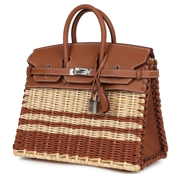 HERMÈS PICNIC BIRKIN 25 GOLD SWIFT AND STRIPE WICKER PALLADIUM HARDWARE