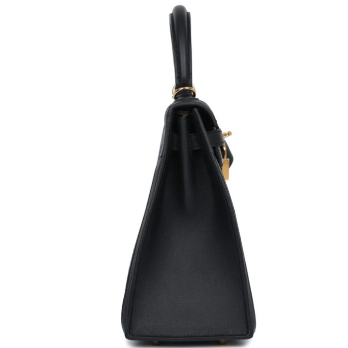 HERMÈS QUADRILLE KELLY SELLIER 25 BLACK SWIFT AND BLEU SAPHIR TOILE GOLD HARDWARE