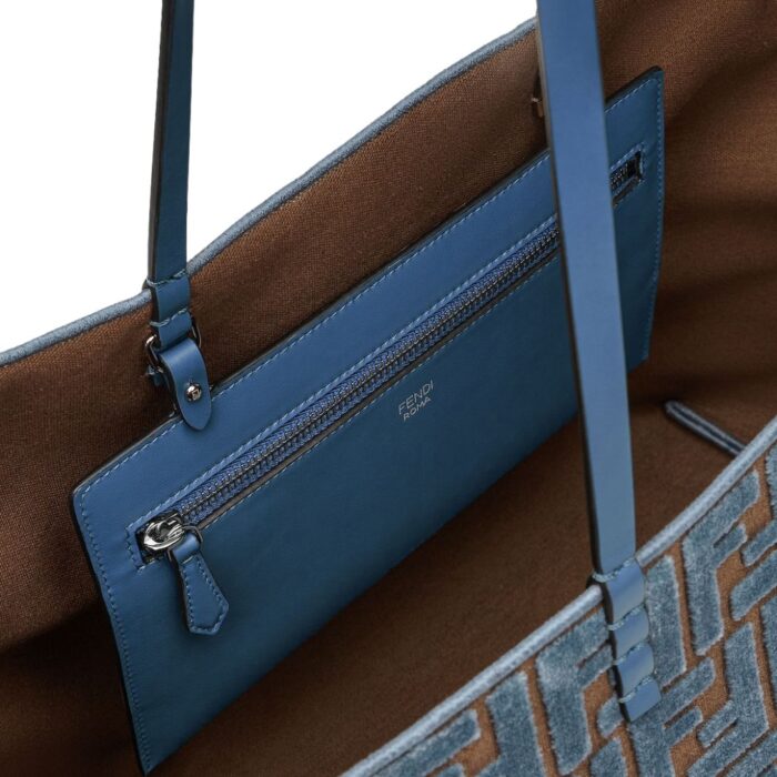 FENDI ROLL LARGE LIGHT BLUE FF JACQUARD VELVET SHOPPER