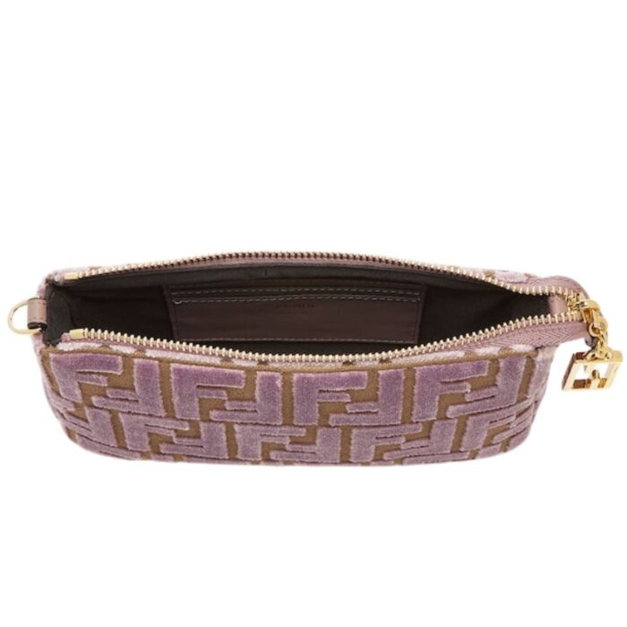 FENDI BAGUETTE POUCH MAUVE PINK JACQUARD FF VELVET POUCH WITH CHAIN