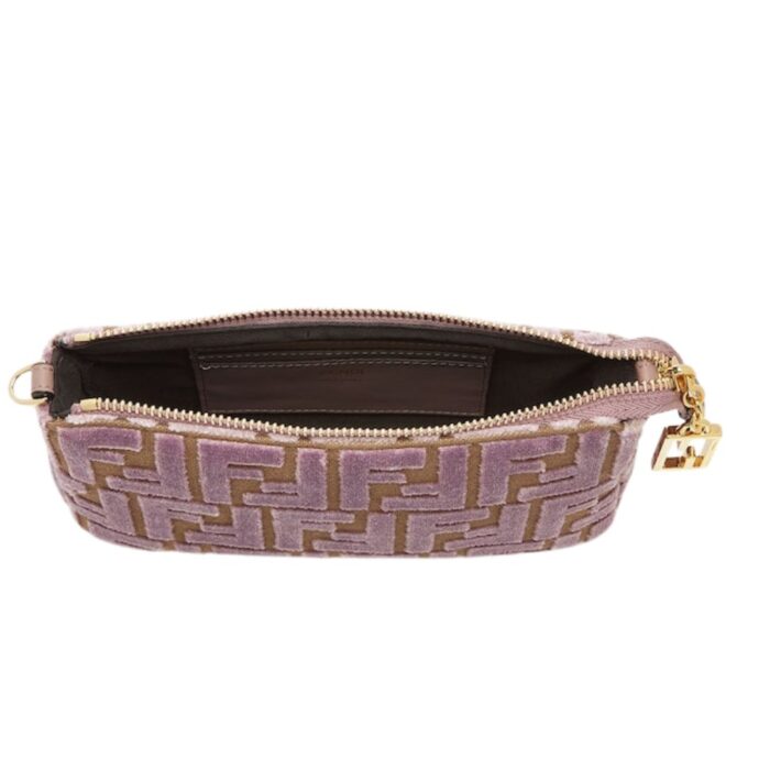 FENDI BAGUETTE POUCH MAUVE PINK JACQUARD FF VELVET POUCH WITH CHAIN