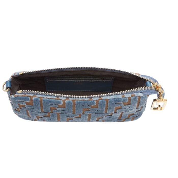 FENDI BAGUETTE POUCH LIGHT BLUE JACQUARD FF VELVET POUCH WITH CHAIN
