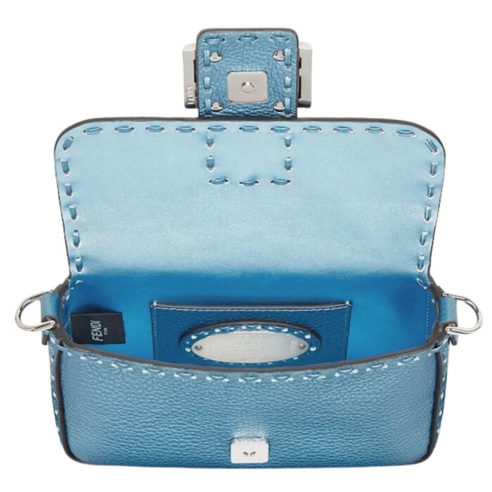 FENDI BAGUETTE MINI METALLIC BLUE SELLERIA BAG WITH 309 HAND-SEWN TOPSTITCHES