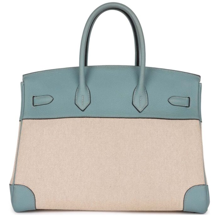PRE-OWNED HERMÈS BIRKIN 35 TOILE H AND CIEL CLEMENCE PALLADIUM HARDWARE