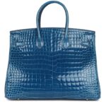 PRE-OWNED HERMÈS BIRKIN 35 BLEU MYKONOS SHINY POROSUS CROCODILE GOLD HARDWARE
