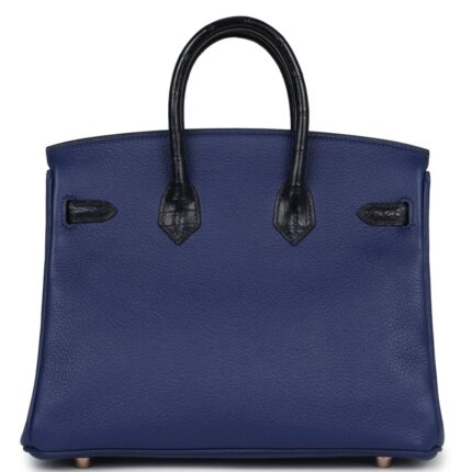 HERMÈS BIRKIN 25 BLEU SAPHIR TAURILLION NOVILLO AND BLEU MARINE MATTE ALLIGATOR TOUCH ROSE GOLD HARDWARE