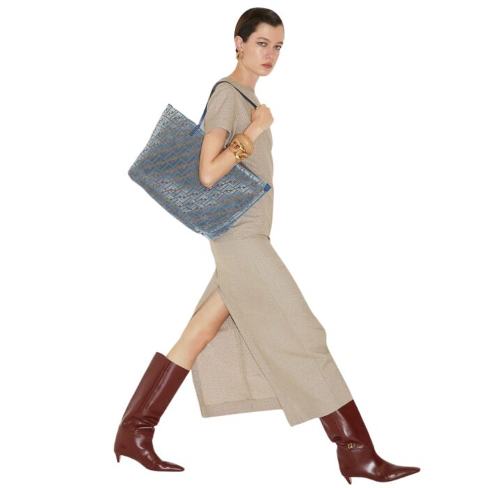 FENDI ROLL LARGE LIGHT BLUE FF JACQUARD VELVET SHOPPER