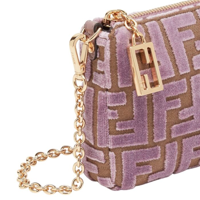 FENDI BAGUETTE POUCH MAUVE PINK JACQUARD FF VELVET POUCH WITH CHAIN