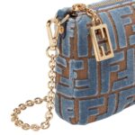 FENDI BAGUETTE POUCH LIGHT BLUE JACQUARD FF VELVET POUCH WITH CHAIN