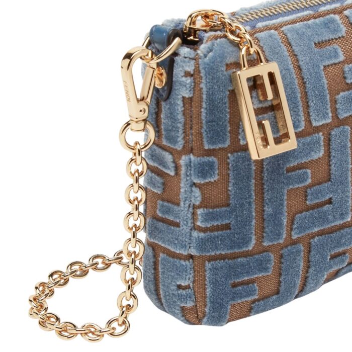 FENDI BAGUETTE POUCH LIGHT BLUE JACQUARD FF VELVET POUCH WITH CHAIN