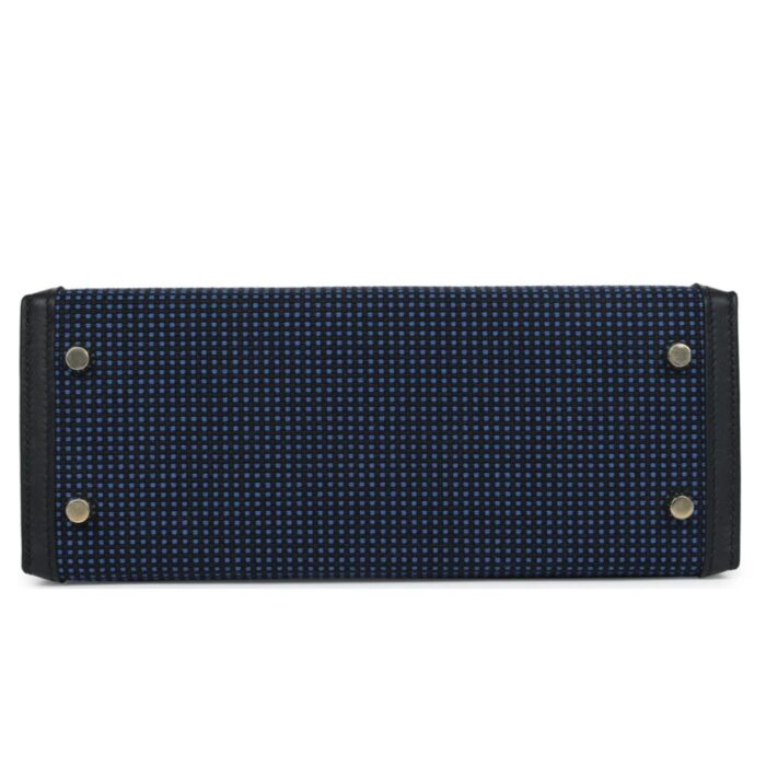 HERMÈS QUADRILLE KELLY SELLIER 25 BLACK SWIFT AND BLEU SAPHIR TOILE GOLD HARDWARE