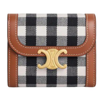 CELINE SMALL FLAP WALLET TRIOMPHE IN VICHY TEXTILE AND CALFSKIN BLACK-WHITE