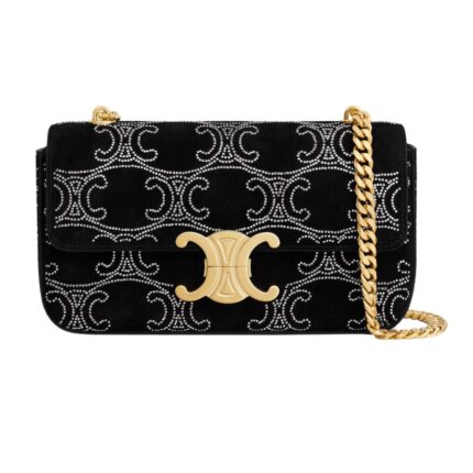 CELINE CHAIN SHOULDER BAG CLAUDE IN SUEDE CALFSKIN WITH TRIOMPHE STRASS