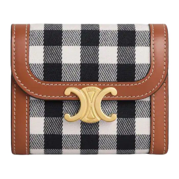 CELINE SMALL FLAP WALLET TRIOMPHE IN VICHY TEXTILE AND CALFSKIN