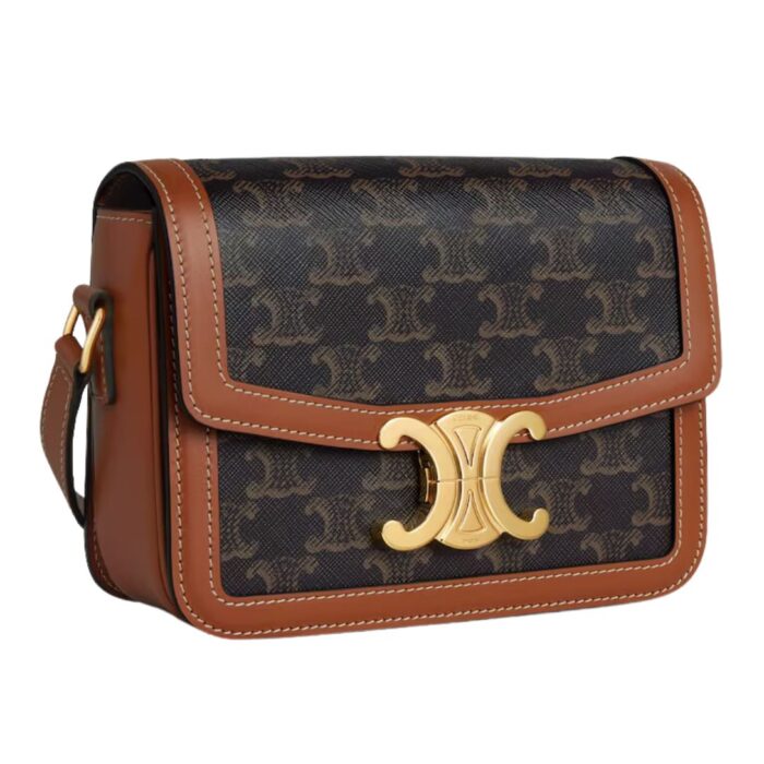 CELINE TEEN TRIOMPHE BAG IN TRIOMPHE CANVAS AND CALFSKIN TAN