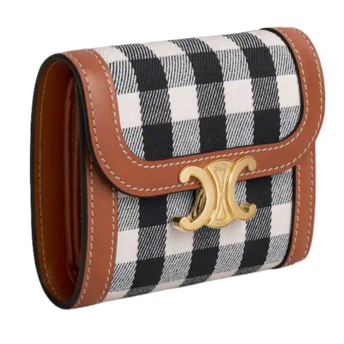 CELINE SMALL FLAP WALLET TRIOMPHE IN VICHY TEXTILE AND CALFSKIN BLACK-WHITE
