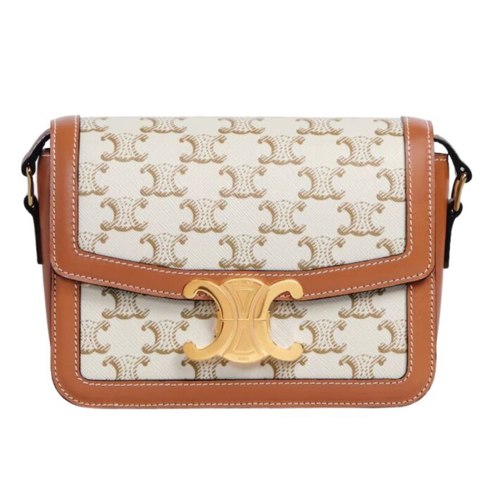 CELINE TEEN TRIOMPHE BAG IN TRIOMPHE CANVAS AND CALFSKIN TAN