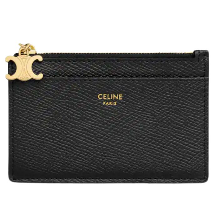 CELINE ZIPPED CARD HOLDER TRIOMPHE CHARMS IN GRAINED CALFSKIN SPRING YELLOW