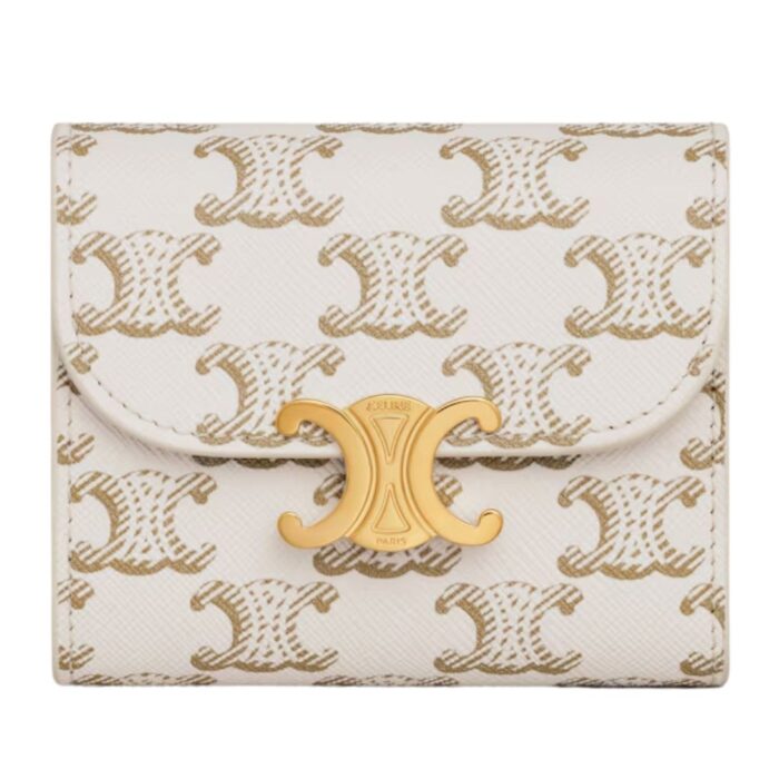 CELINE SMALL FLAP WALLET TRIOMPHE IN TRIOMPHE CANVAS WHITE-TAN